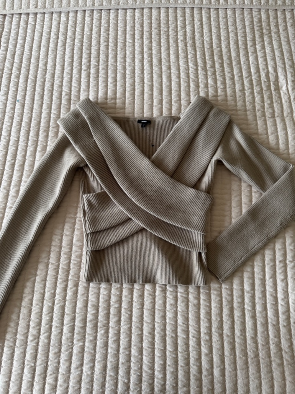 Express Off-the-Shoulder Ribbed Wrap Sweater - Taupe
